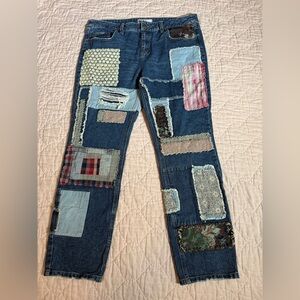 Free People Patchwork Plaid Tapestry Distressed Blue Jeans Boho Frayed Grunge